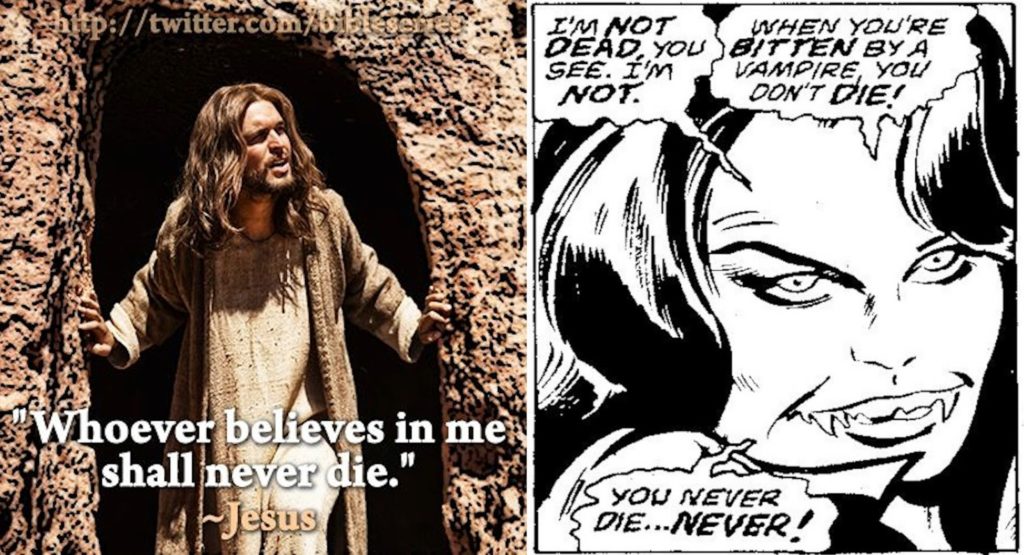Så hva er forskjellen? Både Jesus og vampyr lover evig liv. (Illustrasjon Bible Series og Marvel Comics