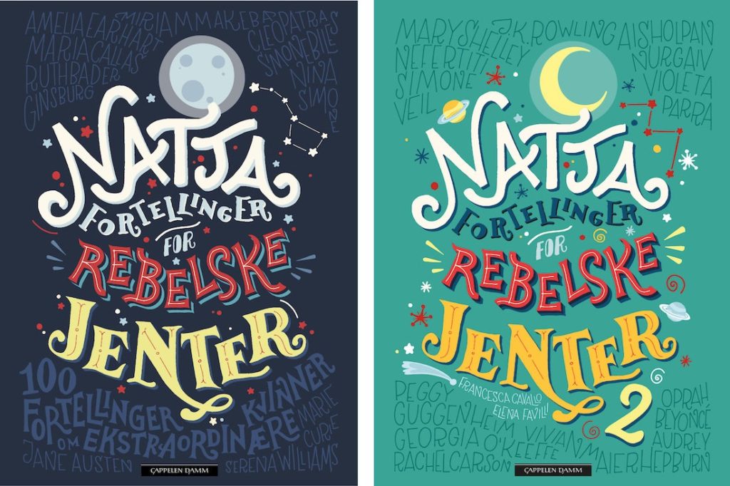Omslaget på hver av de to bøkene Nattafortellinger for rebelske jenter av Cavallo og Favilli.