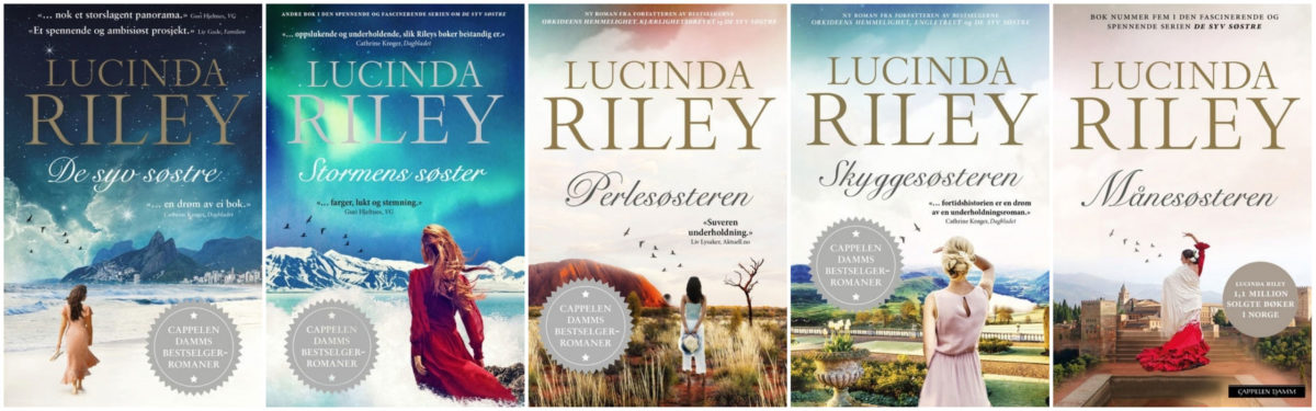 Omslagene til de fem første bøkene i Lucinda Rileys serie De syv søstre. I sak om boka Sommerfuglrommet.