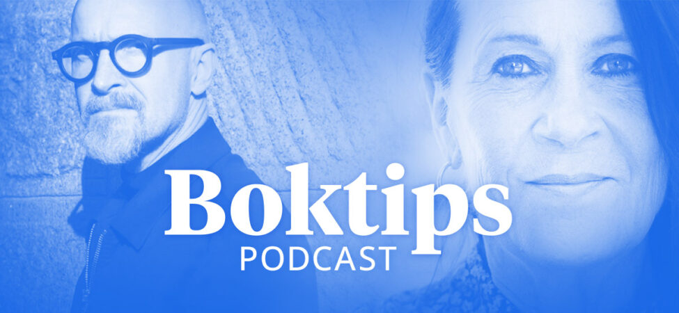 Fotokollasj av Lars Saabye Christensen og Vigdis Hjorth med teksten «Boktips podcast»