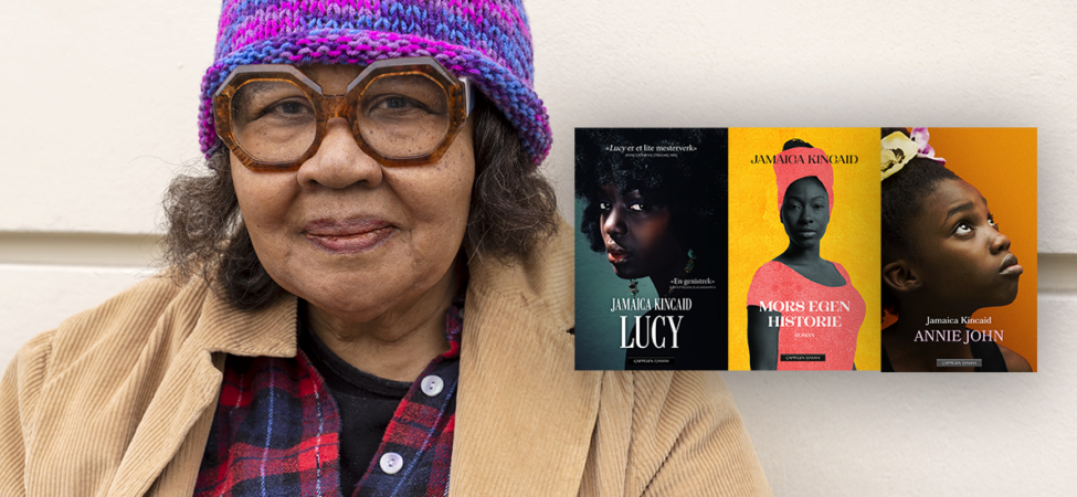 Foto av Jamaica Kincaid med omslag til «Lucy», «Mors egen historie» og «Annie John»