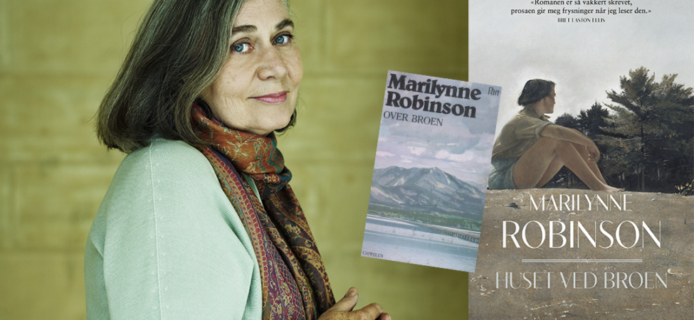 Foto av Marilynne Robinson med omslag til «Over broen» (1982) og «Huset ved broen» (2024)