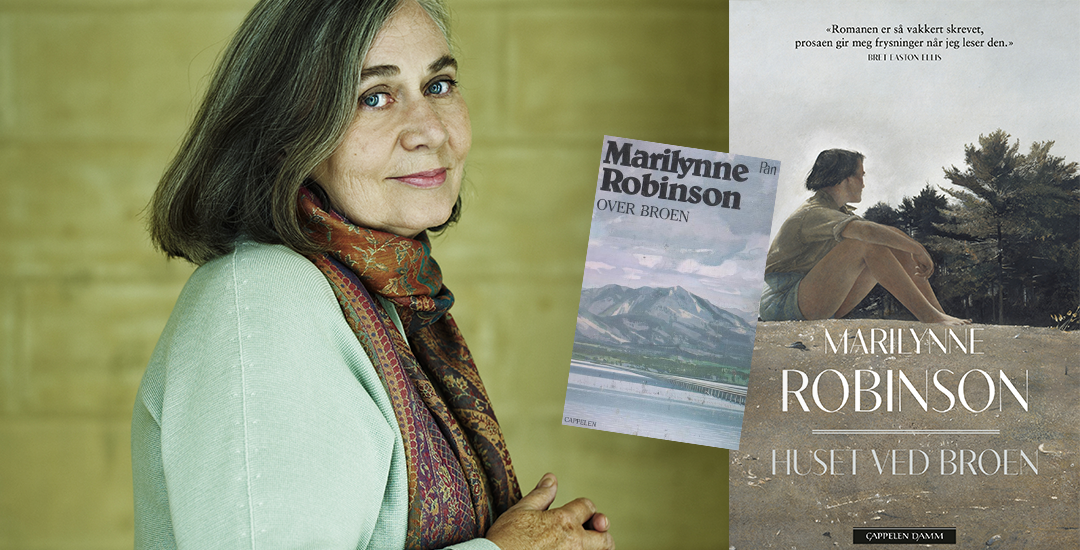 Foto av Marilynne Robinson med omslag til «Over broen» (1982) og «Huset ved broen» (2024)