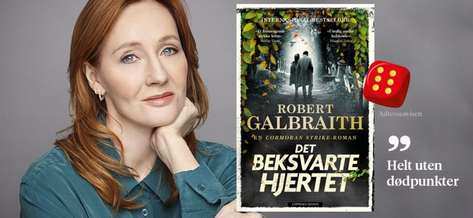 Foto av Robert Galbraith / J.K. Rowling og omslag til «Det beksvarte hjertet»