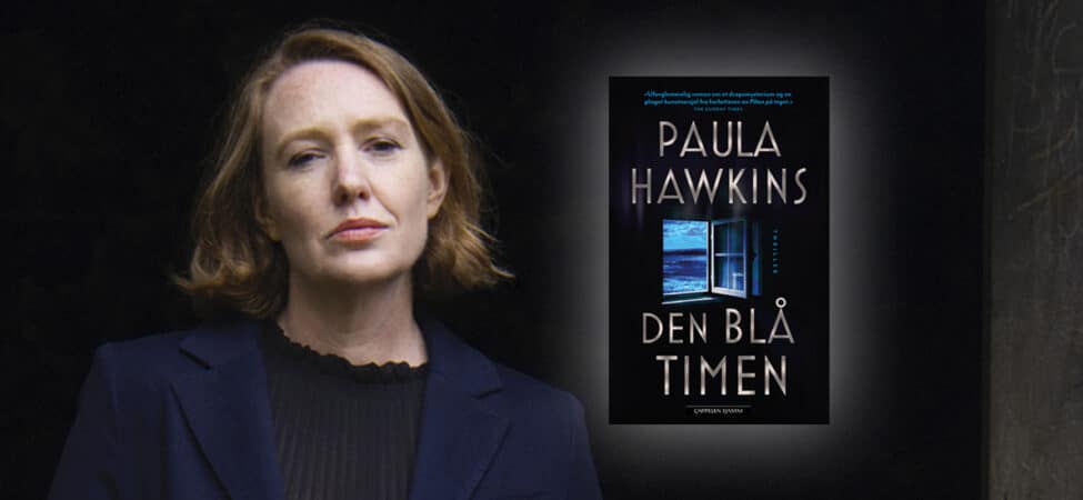 Foto av forfatter Paula Hawkins med omslaget til boka hennes "Den blå timen" lagt oppå.