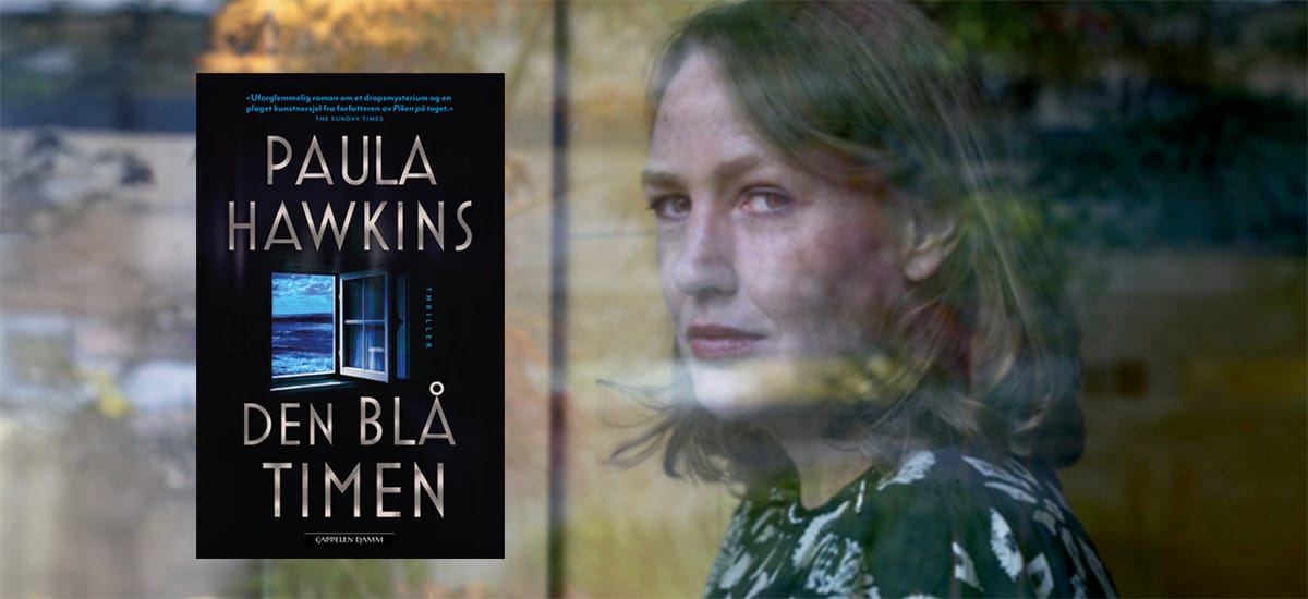 Foto av forfatter Paula Hawkins med omslaget til boka hennes "Den blå timen" lagt oppå.